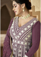 Heavy Faux Georgette Embroidered Gown in Purple